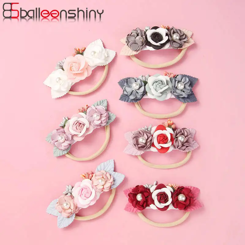 

Balleenshiny Children's Headdress Baby Headband Handmade Pearl Stitching Flower Hair Band Seamless Elastic Rubber Hairband