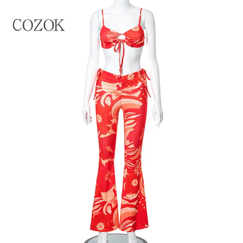 

Hollow Out Sexy Club pant sets women Bandage Tie dye Shirring Backless crop top sets Summer Skinny Flare Pants