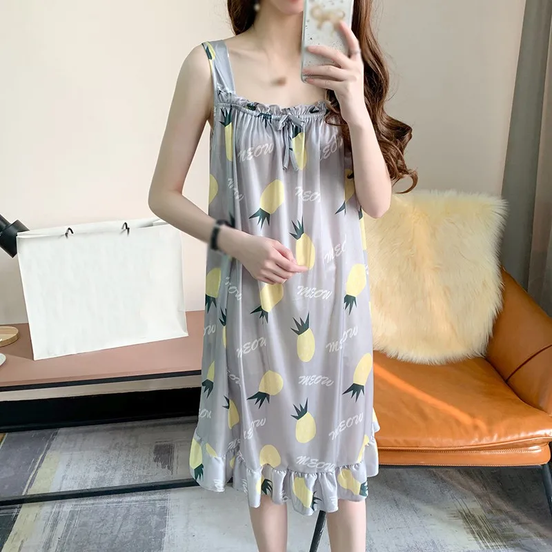 Ночная сорочка женская на бретельках пикантная Милая Домашняя одежда с милым