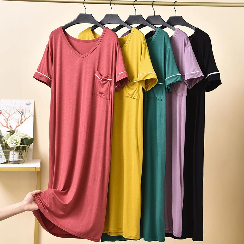 Plus Size Women's Nightgowns Modal Sleepshirts Casual Nightshirt V Neck Loungewear Patchwork Short Sleeve Sleepwear with Pocket