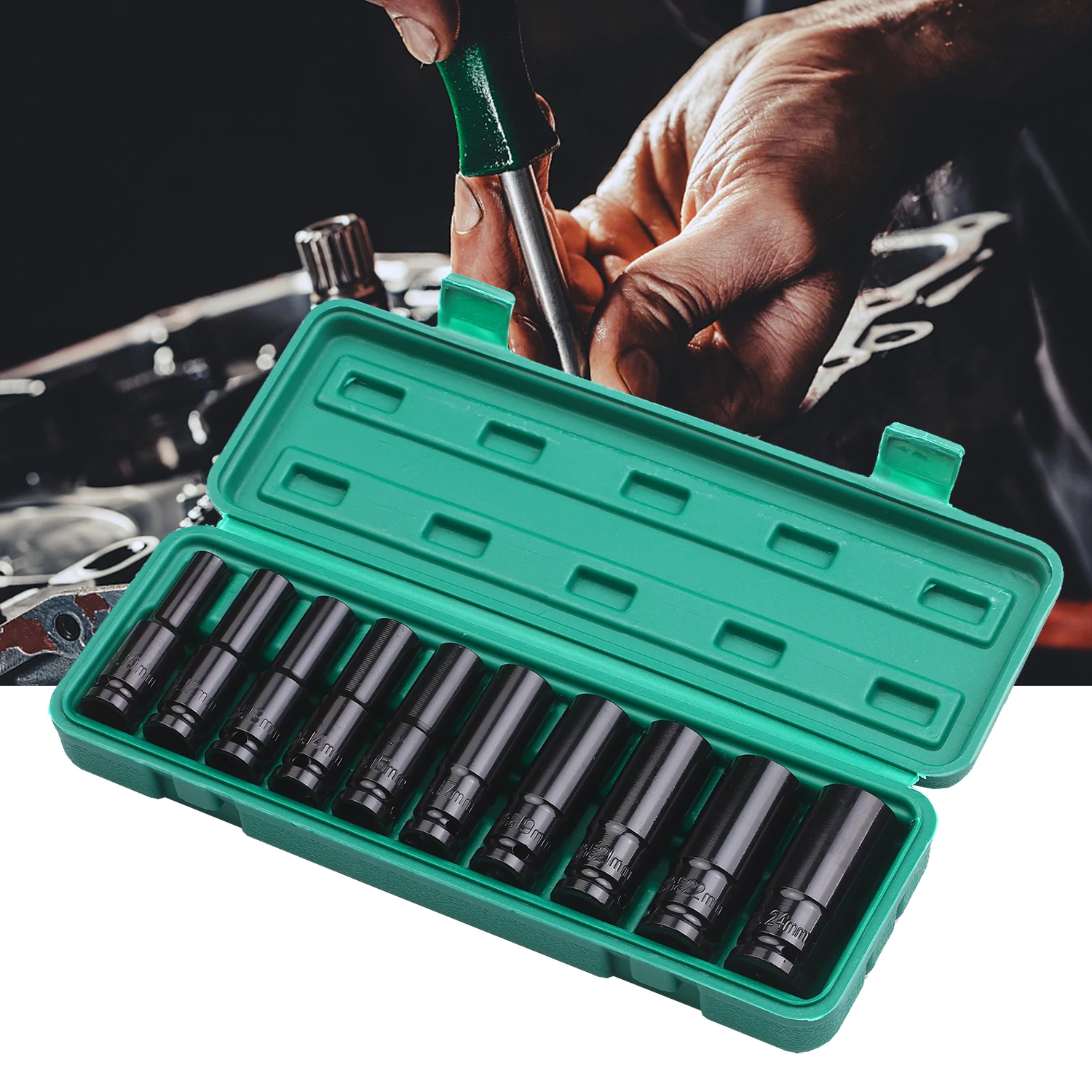 

1/2Inch Drive 6-Point Impact Socket Set 10Pcs Metric Sizes 10-24mm Carbon Steel with Hard Storage Box Hand Tool Set