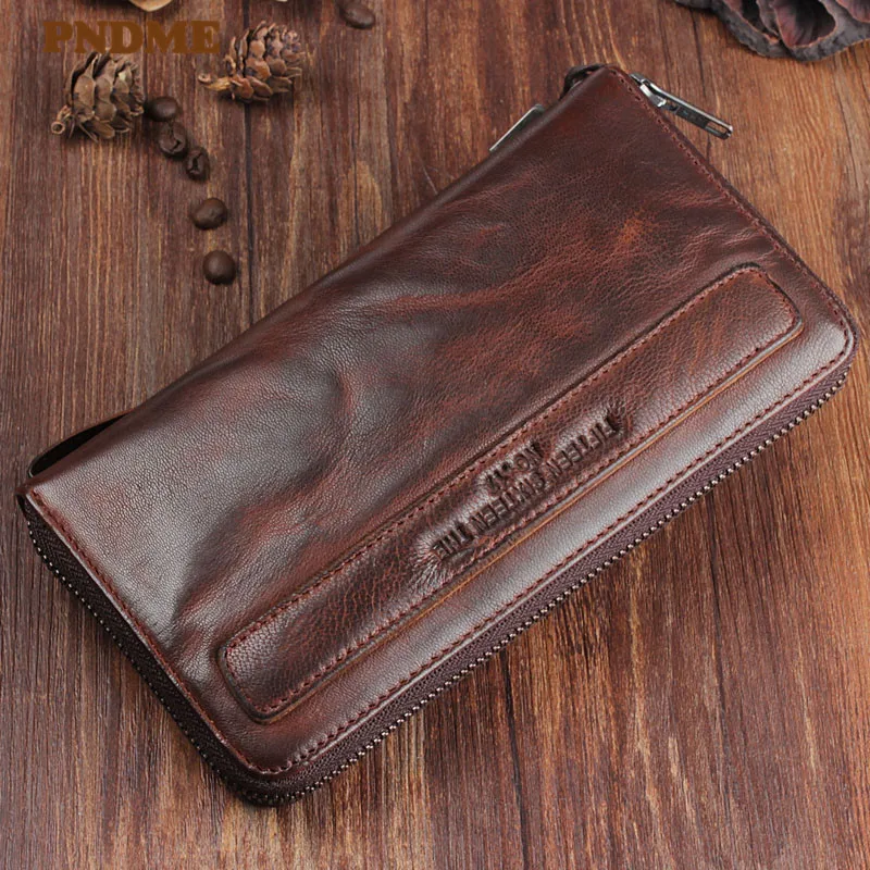 

PNDME vintage handmade genuine leather men's long clutch wallet fashion casual high-quality sheepskin women's teens phone wallet