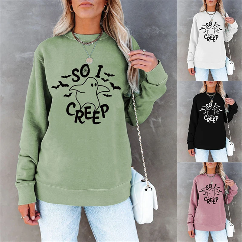 Halloween festival sweater printing SO I CREEP sports street loose shirt women's cute ghost printing matching sweater
