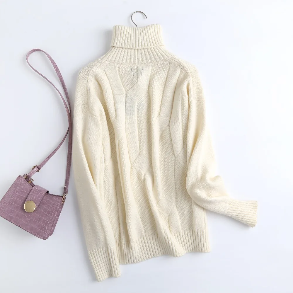 

Turtleneck Solid Pullover Winter Sweaters Women England Office Lady Fashion Vintage Twisted Flower Loose Sweaters Tops
