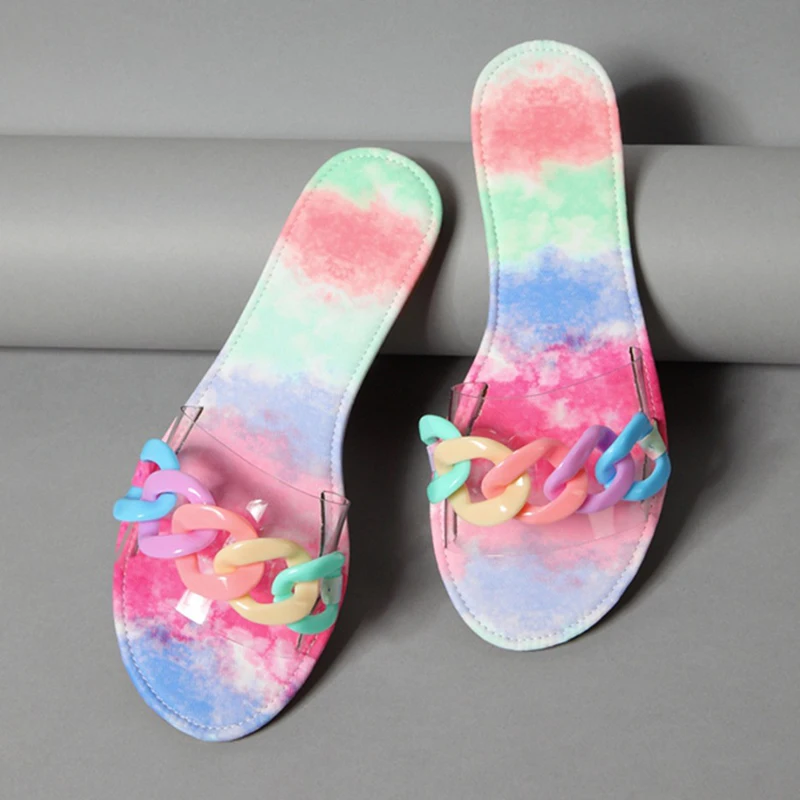 

Женские шлепанцы с цепочкой, разноцветные шлепанцы на плоской подошве, пляжная обувь, большие размеры 41 42, лето 2022