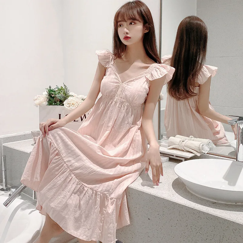

V-Neck Long Sleep Dress Women Nightwear Lingerie Cotton Kimono Summer Dressing Gown Sexy Sleepwear Short Sleeve Nightgown
