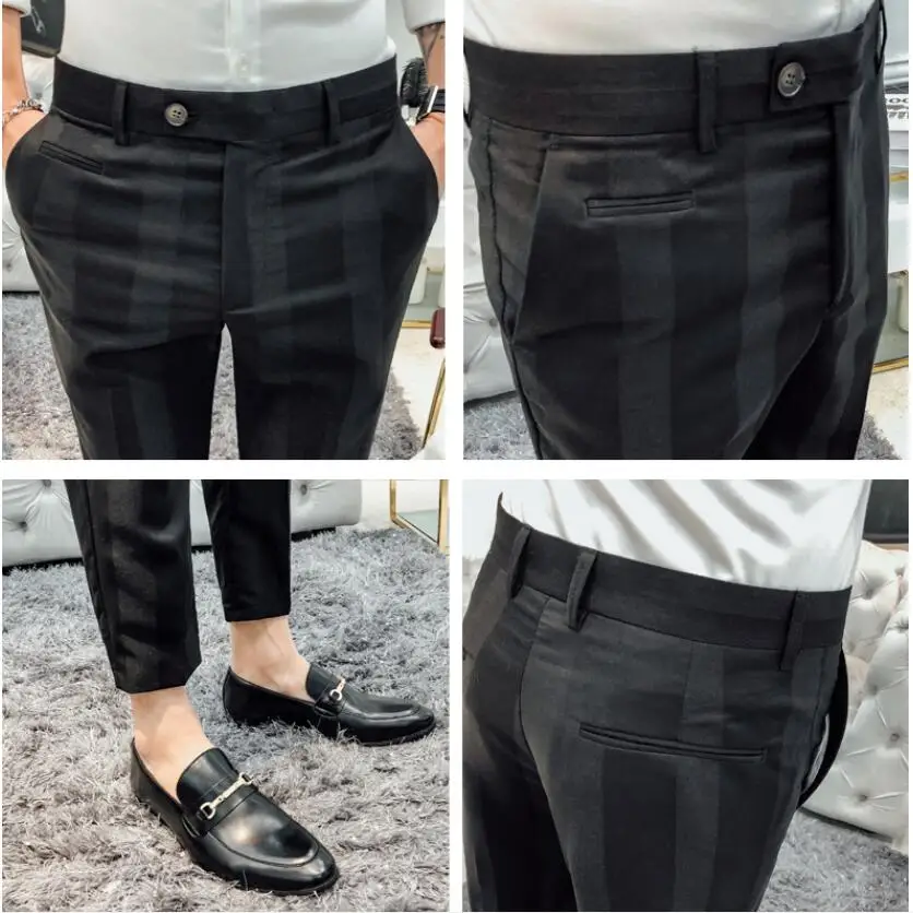

Fashion High Quality Cotton Stripe Trousers Men Suit Pant Male Business Casual Slim Fit Ankle Length Pantalon Gray Black 28-34