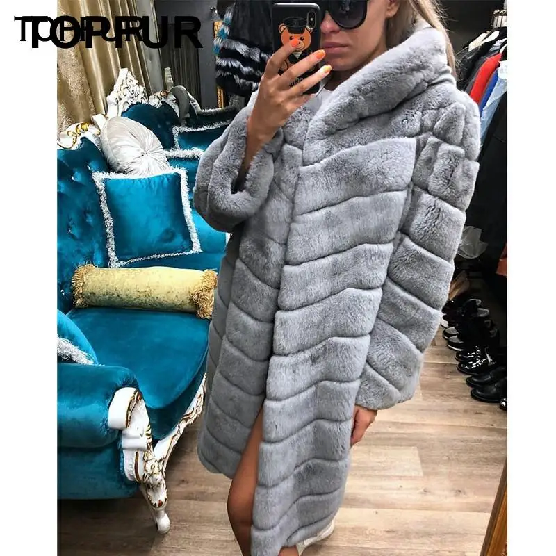 Женская Шуба с капюшоном TOPFUR зимняя шуба из натурального меха кролика верхняя