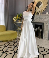 wedding dress a line o neck floor length satin sleeveless with belt charming simple bridal gowns robe with crystal beading