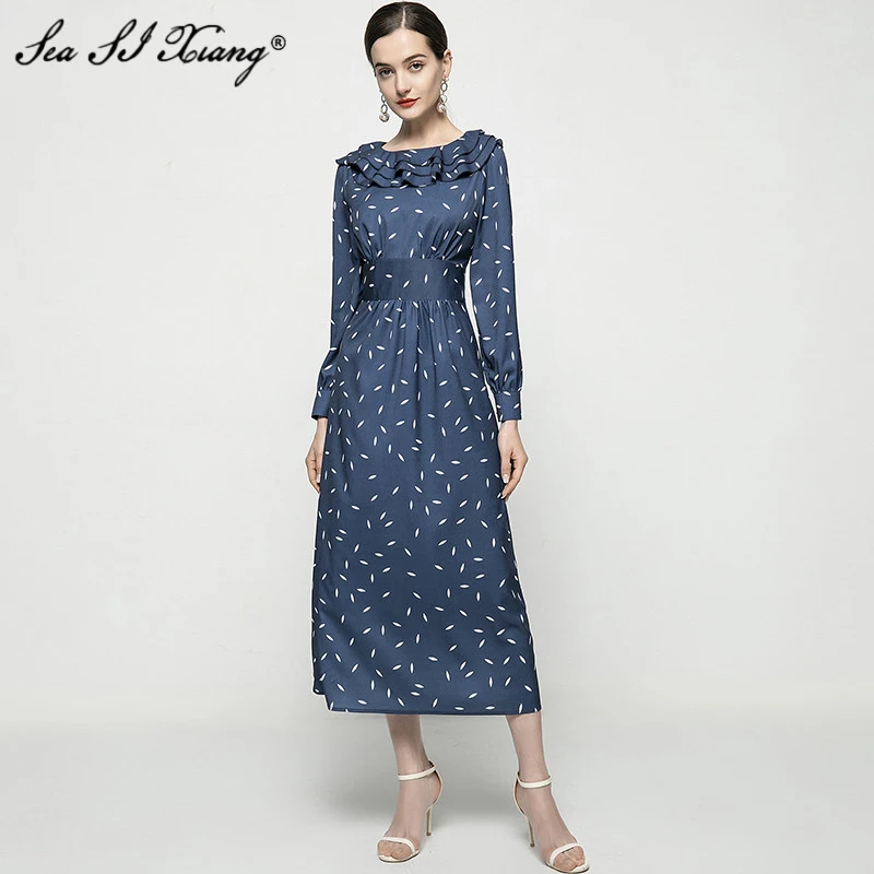 

Модное дизайнерское весеннее платье Seasixiang, женские винтажные платья с круглым вырезом, длинным рукавом, оборками и принтом