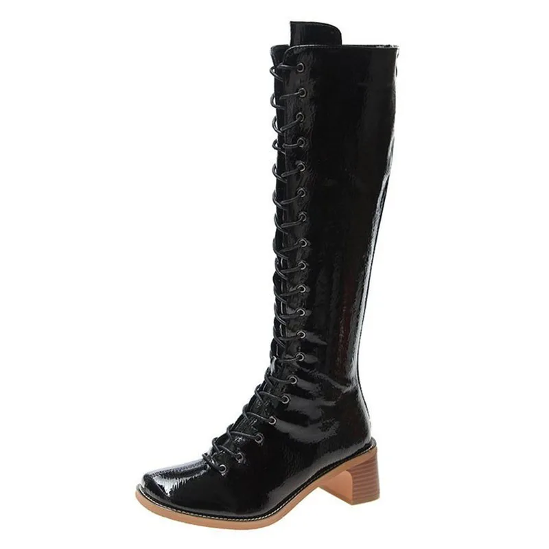 

Wood High Heels Boots Women Japanned Leather Women Shoes Motorcycle Bottes Knee-high Boots Mujer Zipper&lace Up Knight Boots2021