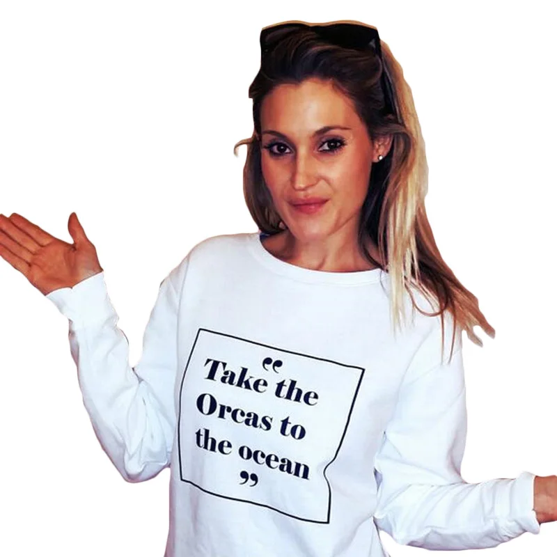 

Women Clothing White Black Crewneck Hoodies Casual Tops Take the Orcas To The Ocean Sweatshirt Public slogan Pullover