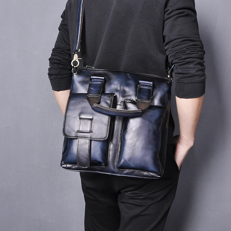 Men Original Leather Antique Design Blue Business Briefcase Maletin Laptop Case Attache Portfolio Bag Tote Messenger Bag B259