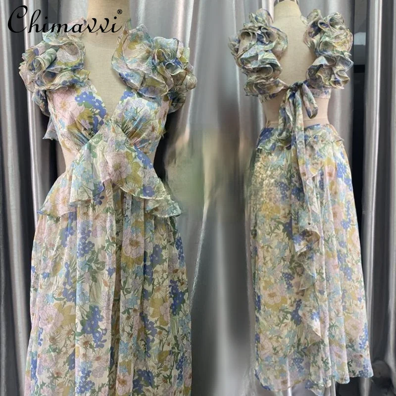 

Elegant All-matching Sweet New Female's Stringy Selvedge Floral Long Dress Beach Style Casual Ruffled Sexy Backless Dress