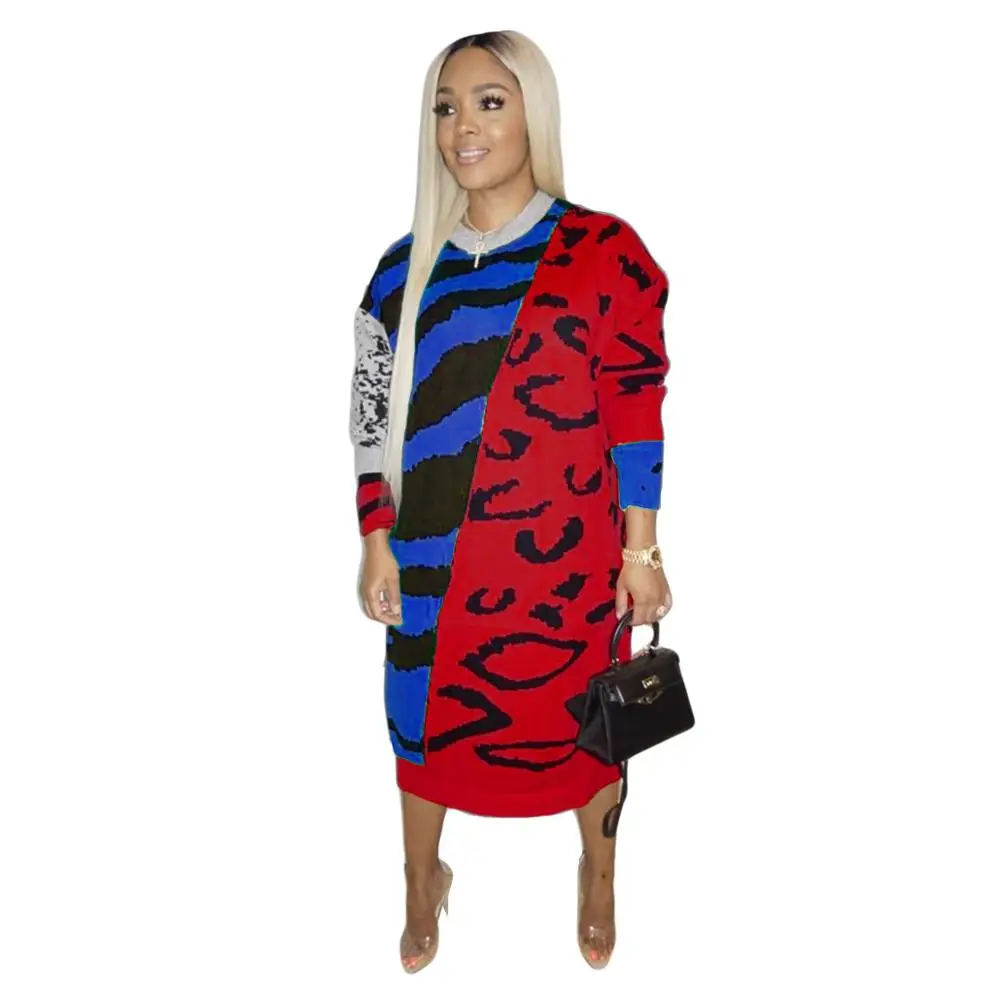

Plus Size Leopard and Zebra Striped Patchwork O-Neck Long Sleeves Loose Maxi Dress New Arrival Autumn Hot Trendy Women Outfits
