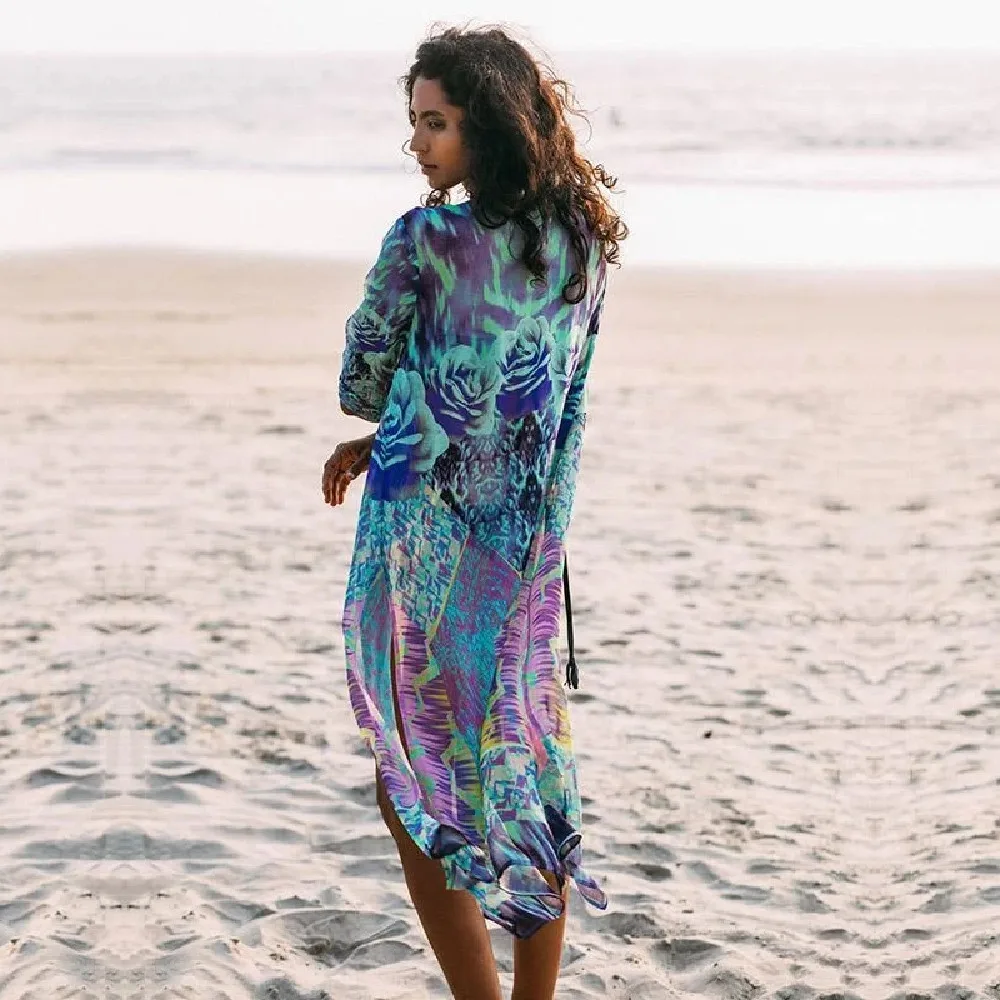 Шифоновая Пляжная накидка туники для пляжа на бикини с принтом пляжная одежда