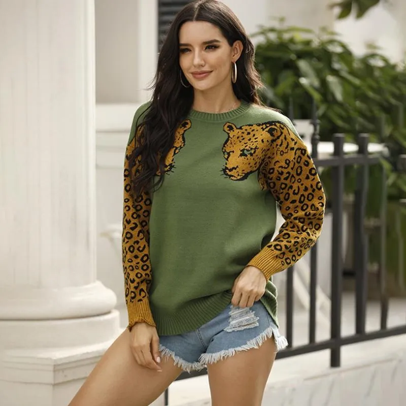

2020 Autumn Winter Round Neck New Sweater Women European And American Fashion Casual Sweater Two Leopard Head Pullover Sweater
