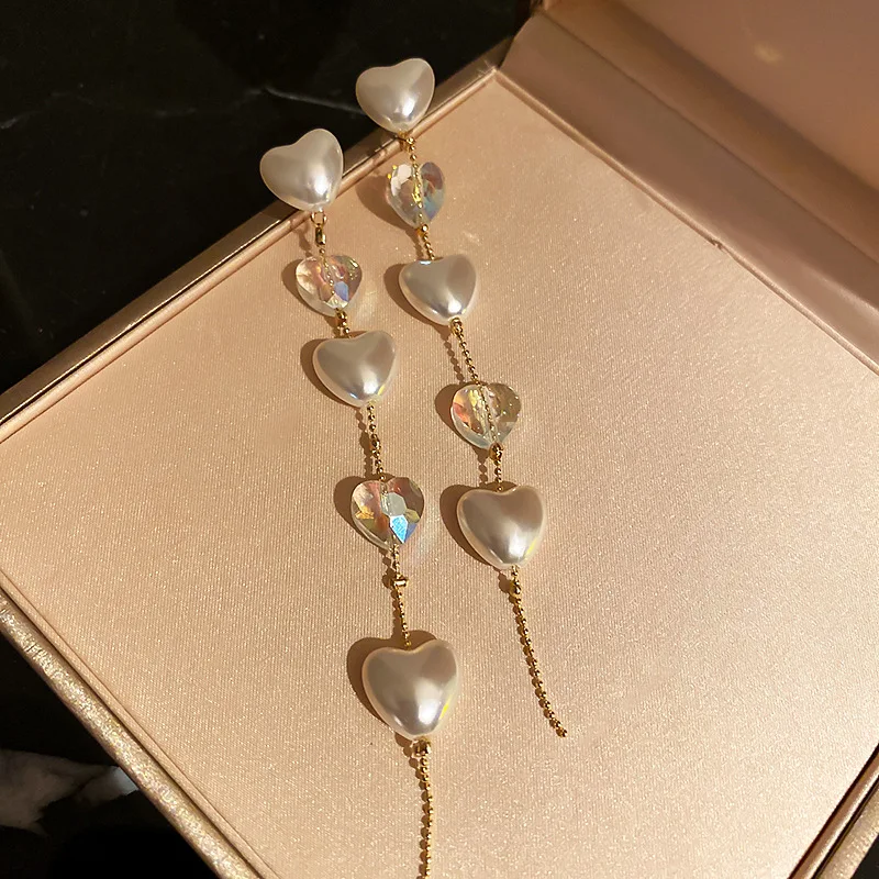 

2021 New Long Tassels Temperament Senior Drop Earrings Contracted Sweet Pearl Heart Modelling Lovely Women Earrings Joker
