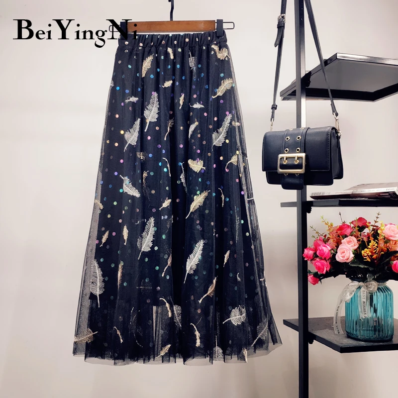 Beiyingni Tutu Skirt Women Long Korean Casual Tulle Midi Pleated Skirts Womens Pink Black White Polka Dot Embroidery | Женская одежда
