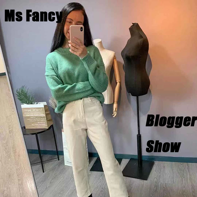 Женский Повседневный пуловер оверсайз зеленый вязаный свитер с круглым вырезом