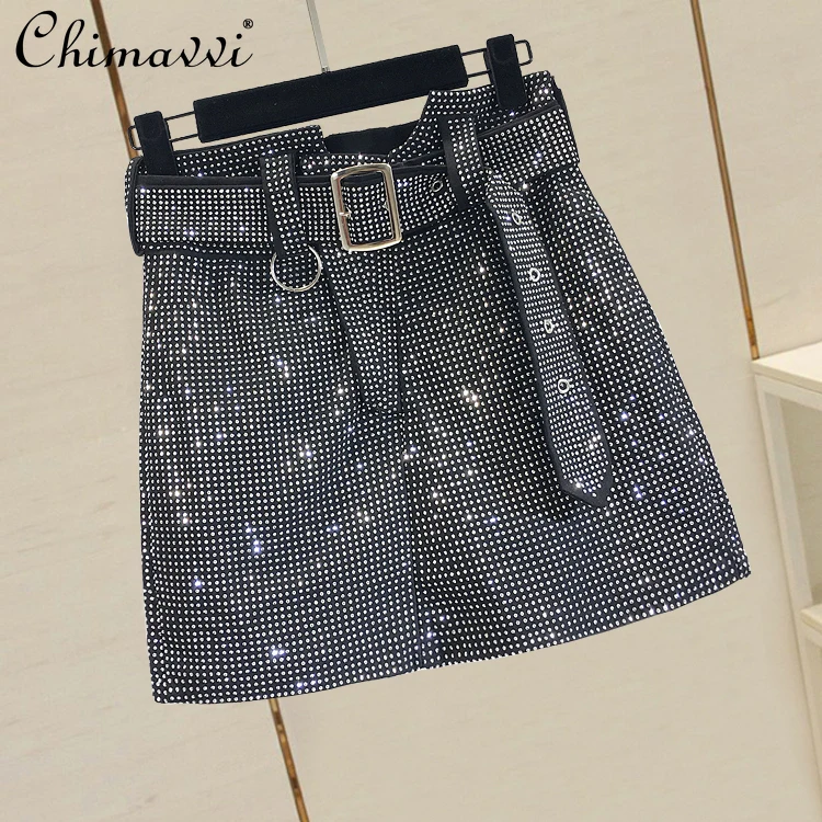 

High Waist Slimming Women's Skirt 2021 Summer Heavy Beads Belt Short Skirt Fashion Korean Style A- Line Sheath Mini Skirt