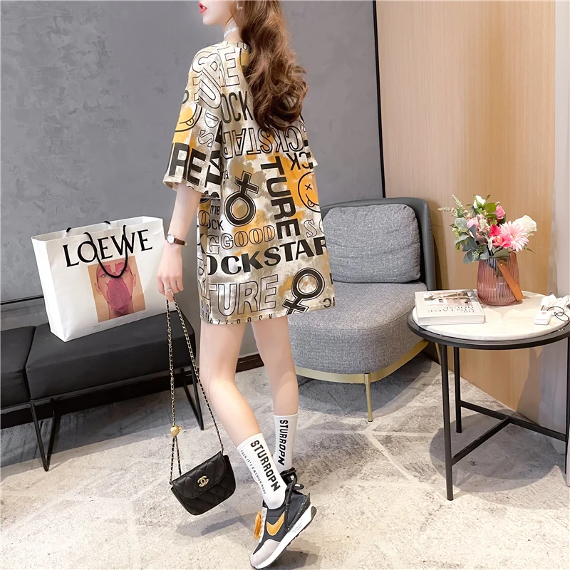

Houthion Printing Women's T-shirt Cotton Top Loose Short Sleeves Fashion Plus Size Tshirt New Casual Korean O-neck T Shirt