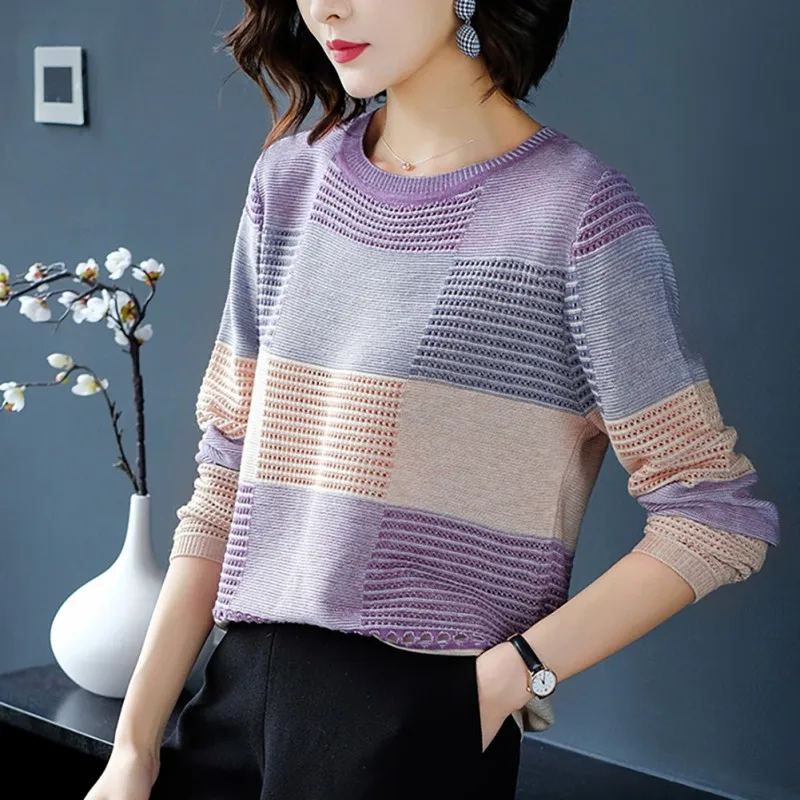 

Fashion Women Colorblock Round Collar Loose Striped Long Sleeve Casual Pullover Sweater
