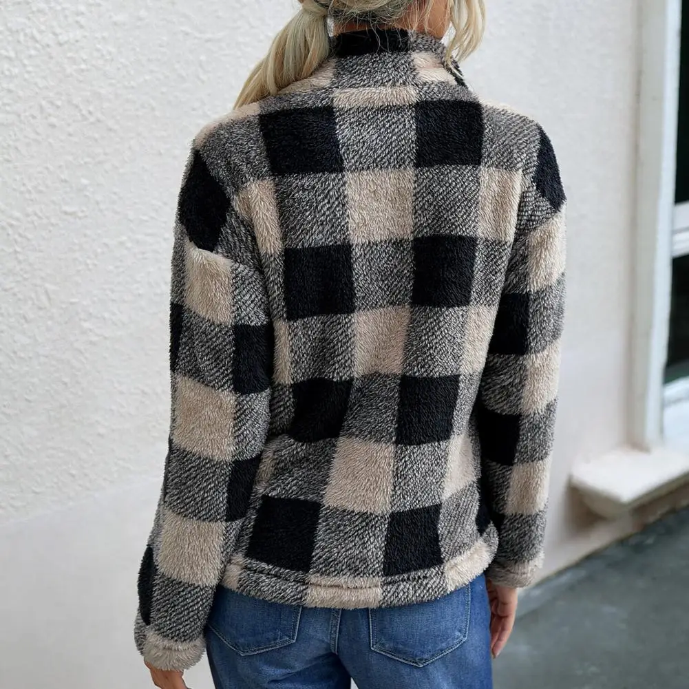 

Women Turn Down Collar Long Sleeve Plaid Coat Pockets Buttons Warm Fluffy Jacket Wholesale Dropshipping