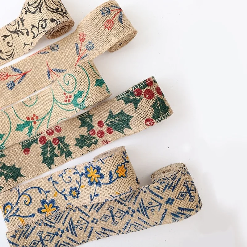 

2meters 6cm Burlap Ribbon with Flower Snowflakes Handmade Burlap Ribbons for DIY Crafts, Wedding Decoration, Christmas Decor