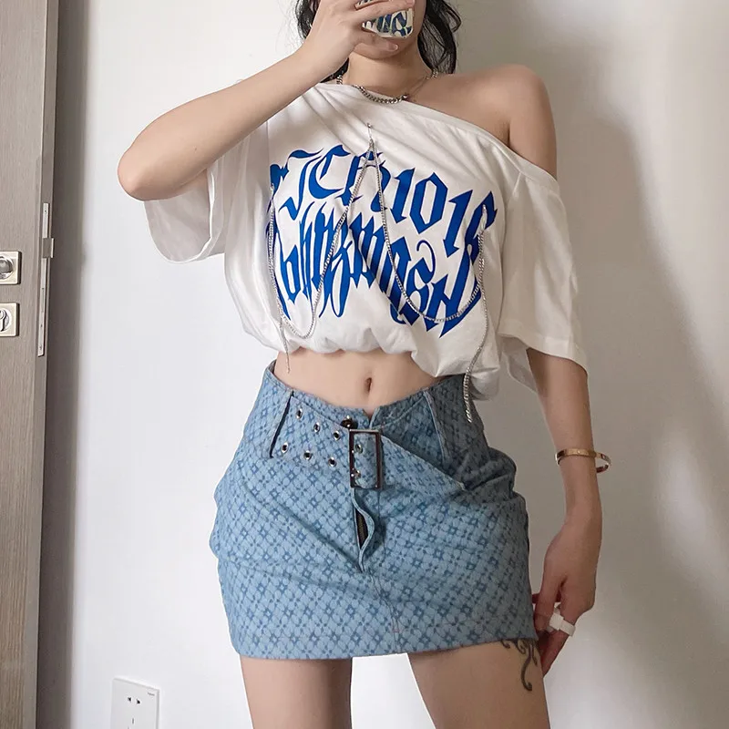 

Rockmore Letter Print Crop Top Women's T-Shirt y2k Aesthetic Short Sleeve Skew Collar T Shirts Harajuku Casual Tee Streetwear