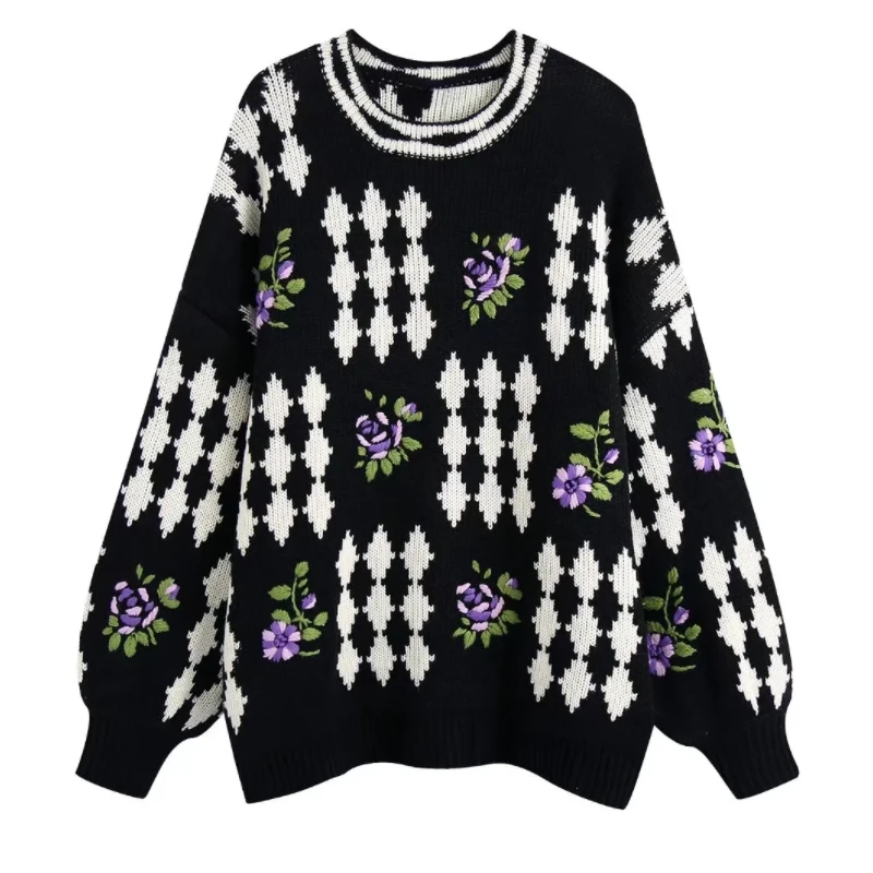 

Women Flower Embroidery Jacquard Knitted Sweater Female Long Sleeve Pullover Casual Lady Loose Tops SW1552