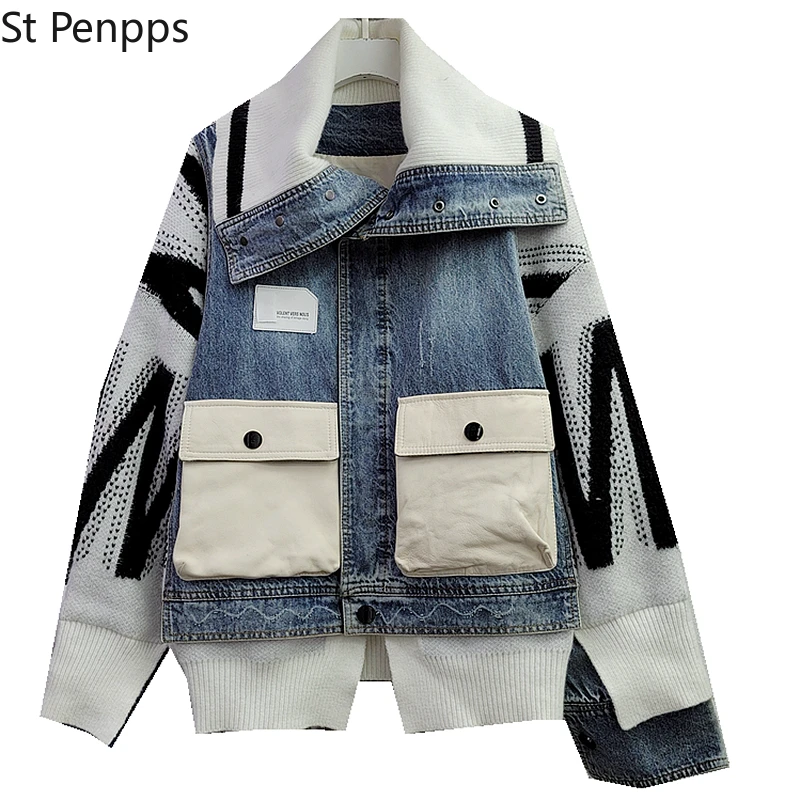 

Женская джинсовая куртка с большими карманами, Свободная трикотажная джинсовая куртка с длинными рукавами и лацканами, уличная одежда на о...