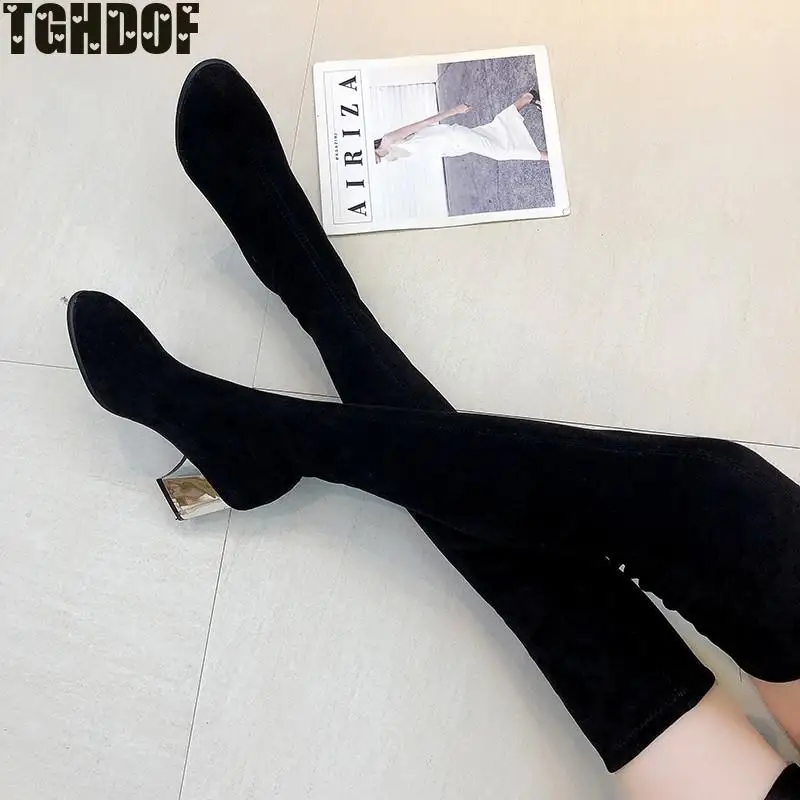 Over-the-knee Long Stovepipe Riding Boots Black Slim Warm Winter Booties Metal Chunky High Heels Knight Botas Women Shoes 2021