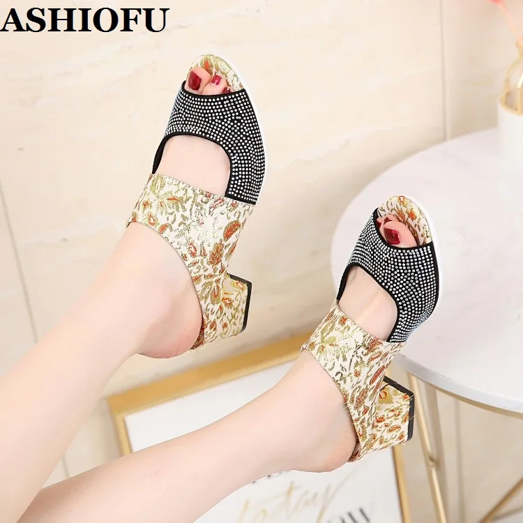 

ASHIOFU Classic Handmade Hot Sale Ladies Block Heel Slipper 2020 New Fashion Rhinestone Atmospheric Slippers Party Sexy Shoes