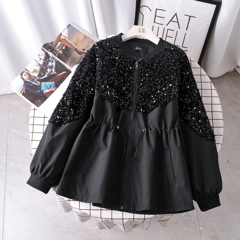 

Luxury High Quality Round Neck Stitching Sequined Zipper Drawstring Loose Coat Women's Clothing 2021 Autumn Jacket Outerwear