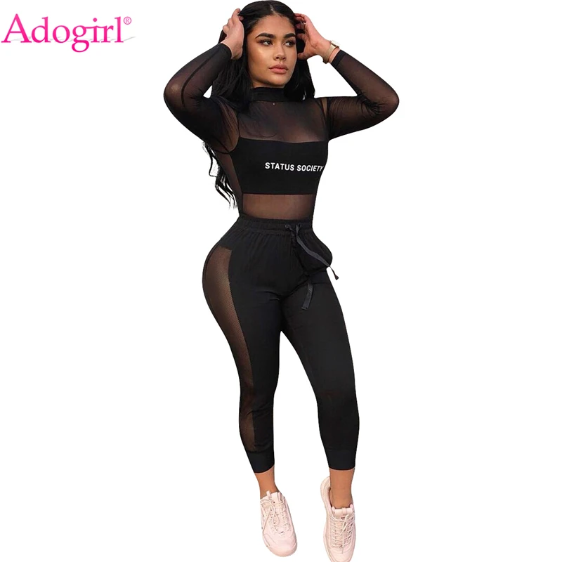 Adogirl с буквенным принтом, набор из двух частей, женский спортивный костюм, водолазка, футболка с длинным рукавом, топ+ штаны для фитнеса