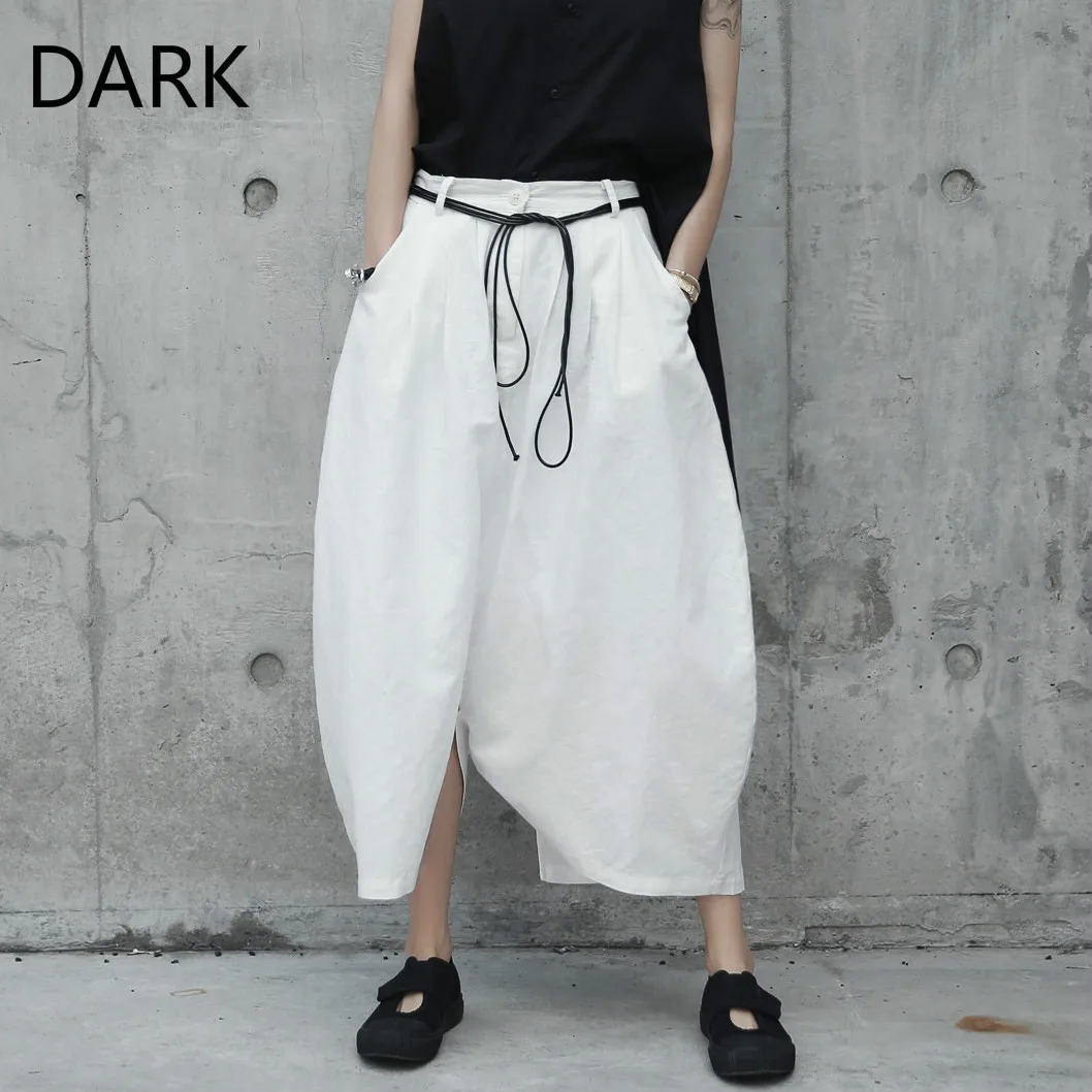 2021 Autumn Dark Black Japanese Original White Arc-shaped Linen Loose Casual Hakama Harajuku Long Skirt Clothes Skirts Womens
