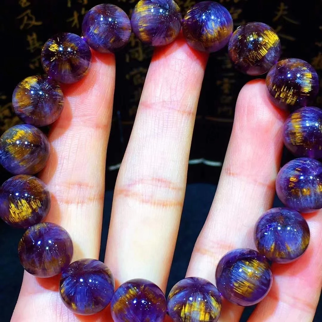 

Genuine Natural Cacoxenite Auralite 23 Rutilated Quartz Bracelet 12.8mm Clear Round Beads Bangle Women Men Genuine AAAAAA