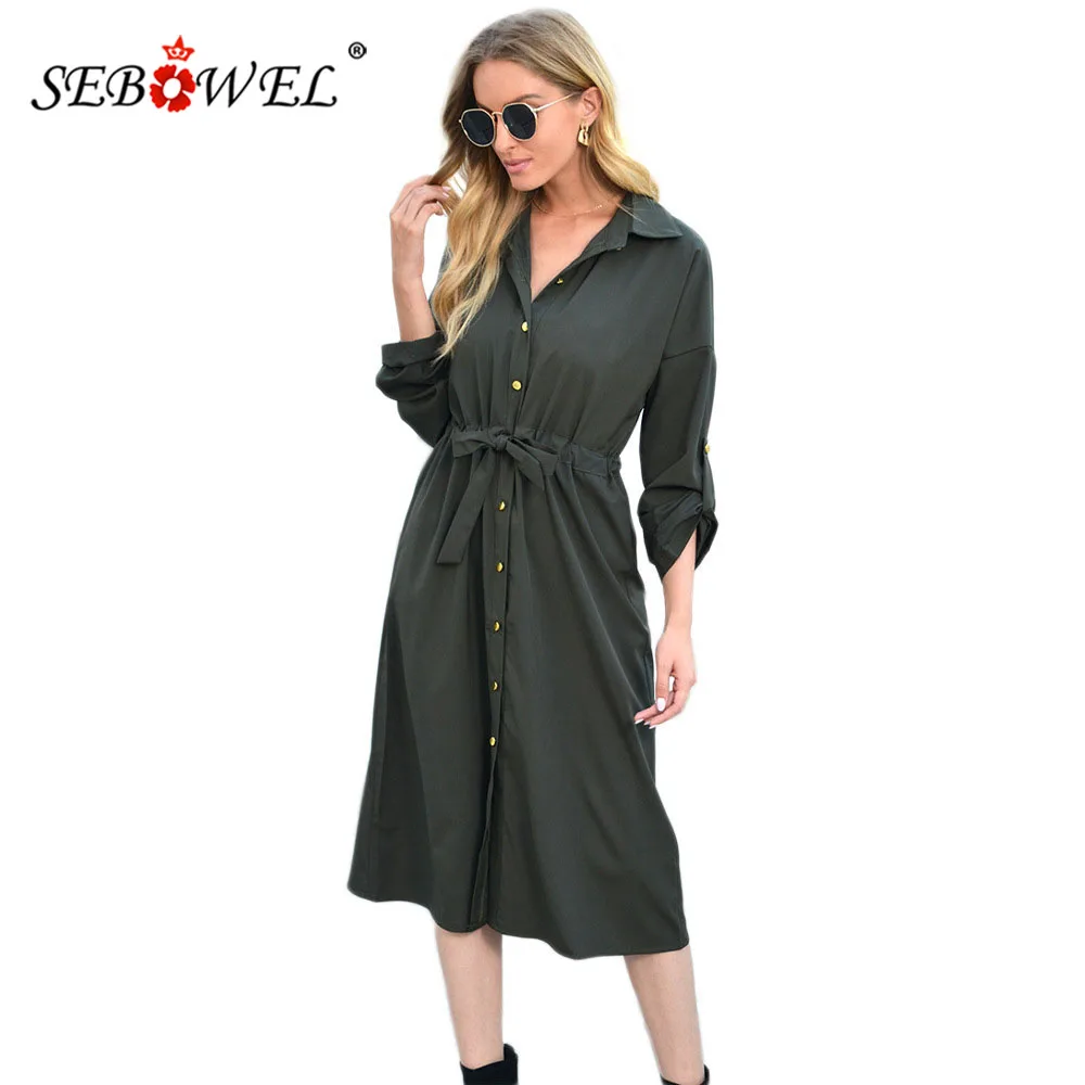 

SEBOWEL Autumn Spring Button Lapel Long Sleeve Women's Shirt Dress with Sashes OL Lady Casual Loose Midi Dresses S-XXL