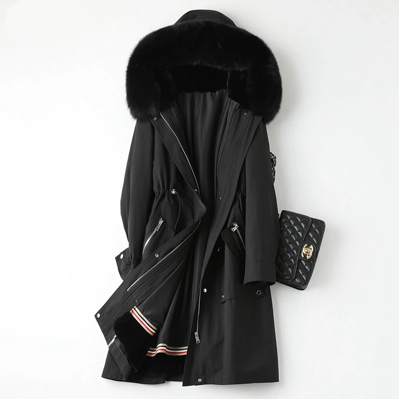 Женская парка с подкладкой из натурального Лисьего меха теплая Длинная зимняя