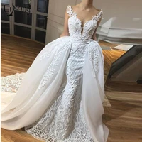 elegant lace mermaid wedding dresses with puffy detachable train 2020 sexy see thru back bridal gowns vestidos de novia