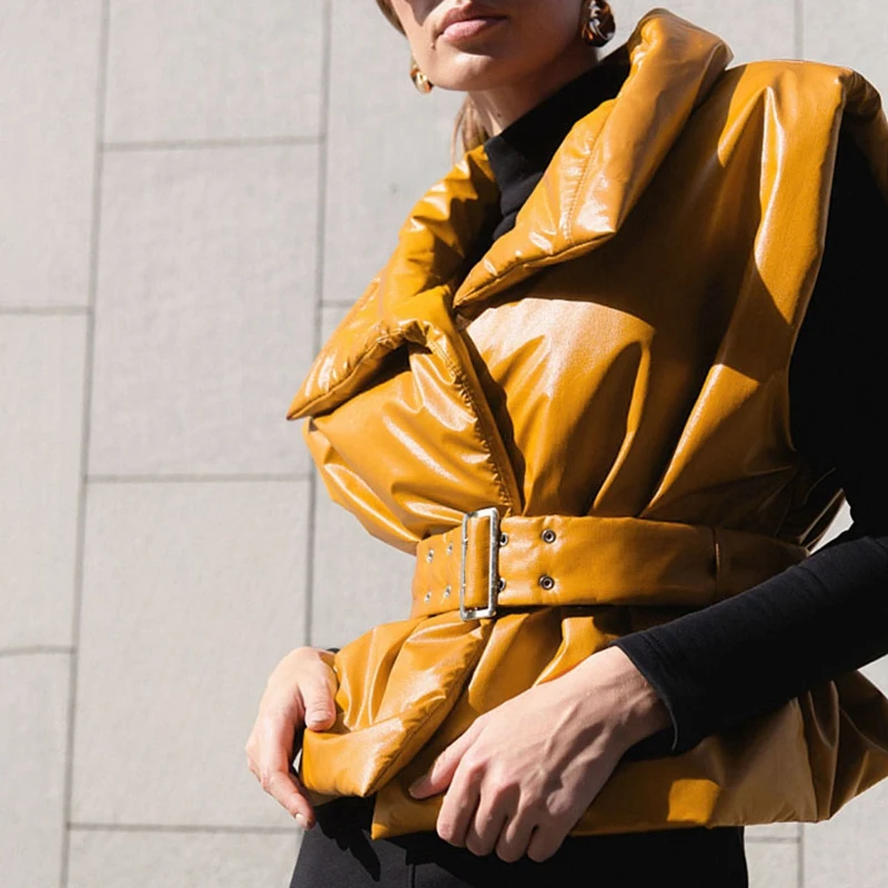 

Winter Solid Color Sleeveless Vest Women Jacket Solid Color Stand-Up Collar Leather Shoulder Pad Vest