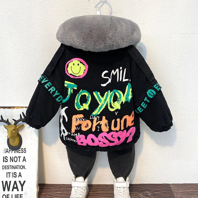 Куртка детская с капюшоном утепленная хлопковая меховая верхняя одежда в стиле