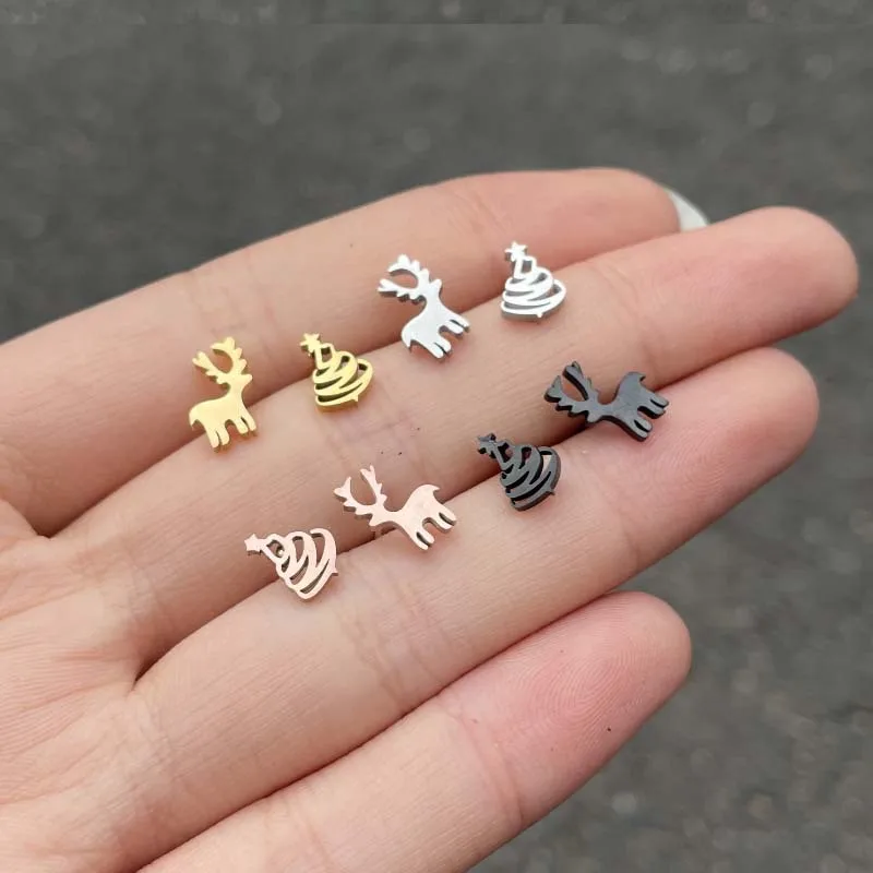 

Christmas Series Earrings Ins Style Girls Sweet Stainless Steel Asymmetric Christmas Tree Elk Small Animal Ear Bone Stud