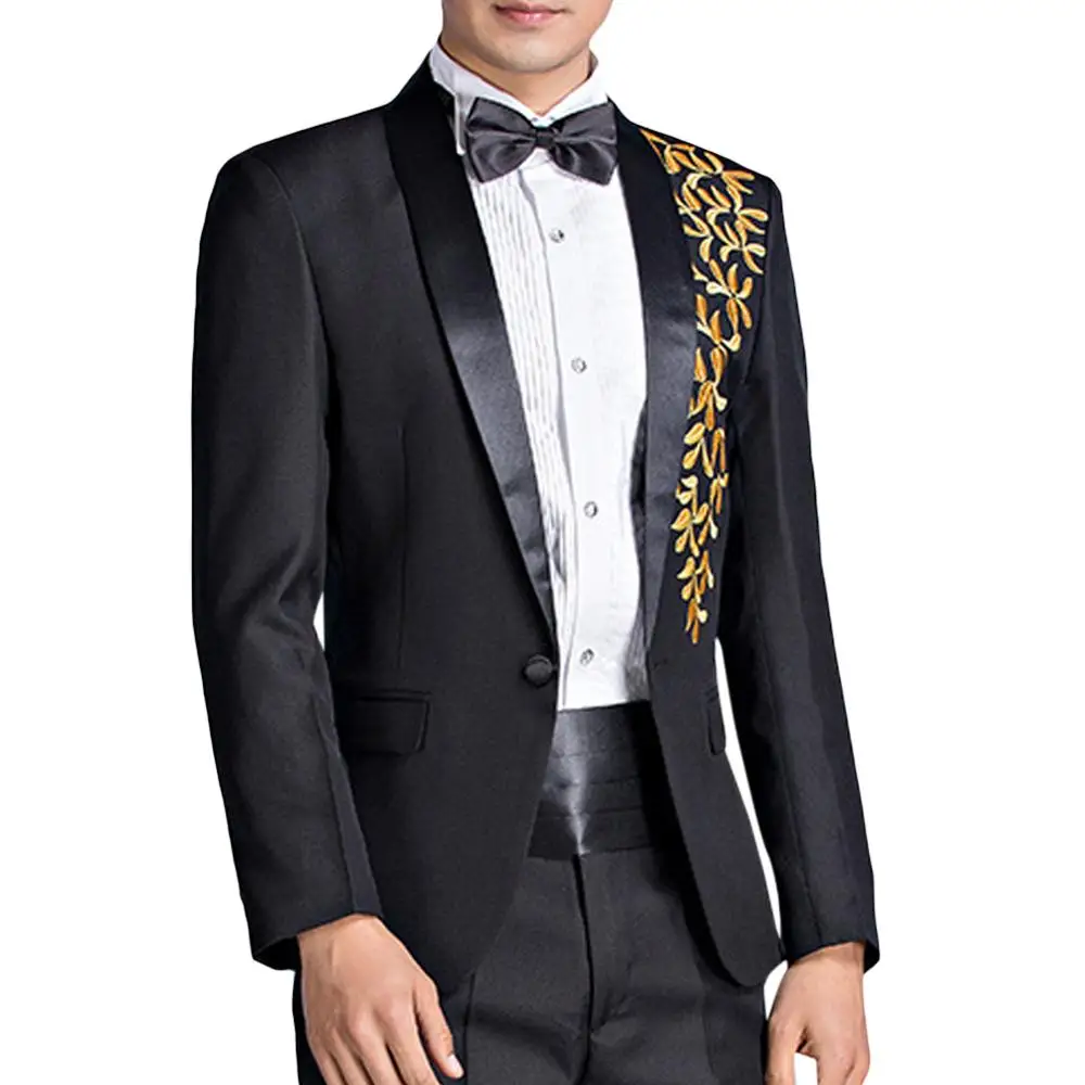 

Мужской повседневный костюм с вышивкой, костюм для свадьбы и вечеринки, костюм для выступлений из четырех предметов (пиджак + брюки + пояс + г...