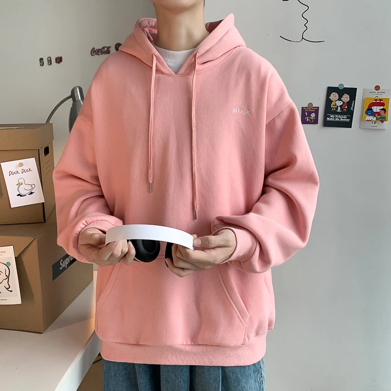

Men Embroidery Fleece Hooded Hoodies 2020 Mens Oversized Korean Harajuku Sweatshirts 7 Colors Black Oversized Hoodie