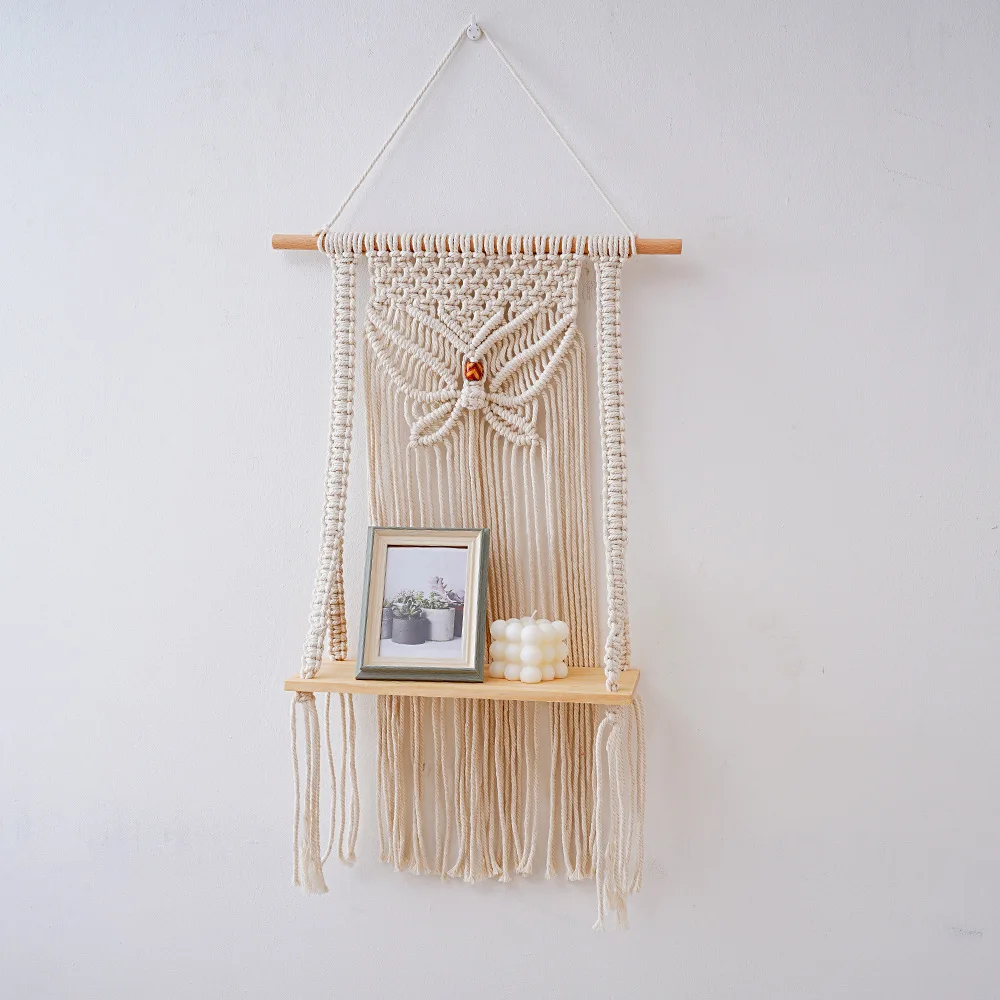 Вешалка из макраме в богемном стиле гобелен деревянная полка настенная вешалка