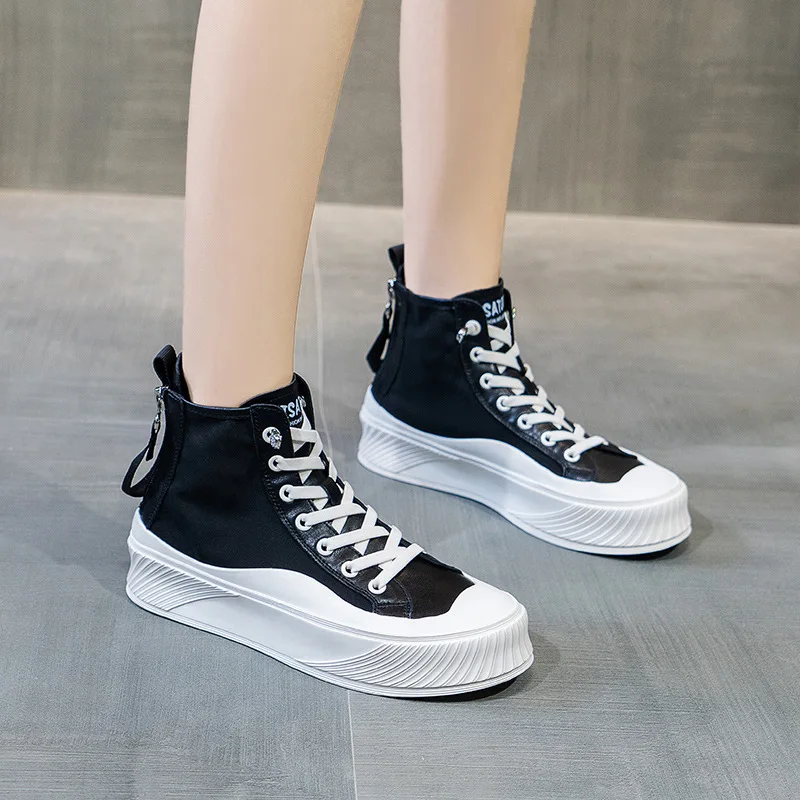 

High-top Canvas Shoes Women's Fall 2021 New Casual Thick-soled Student Single Shoes Fashion All-match Flat Shoes Women