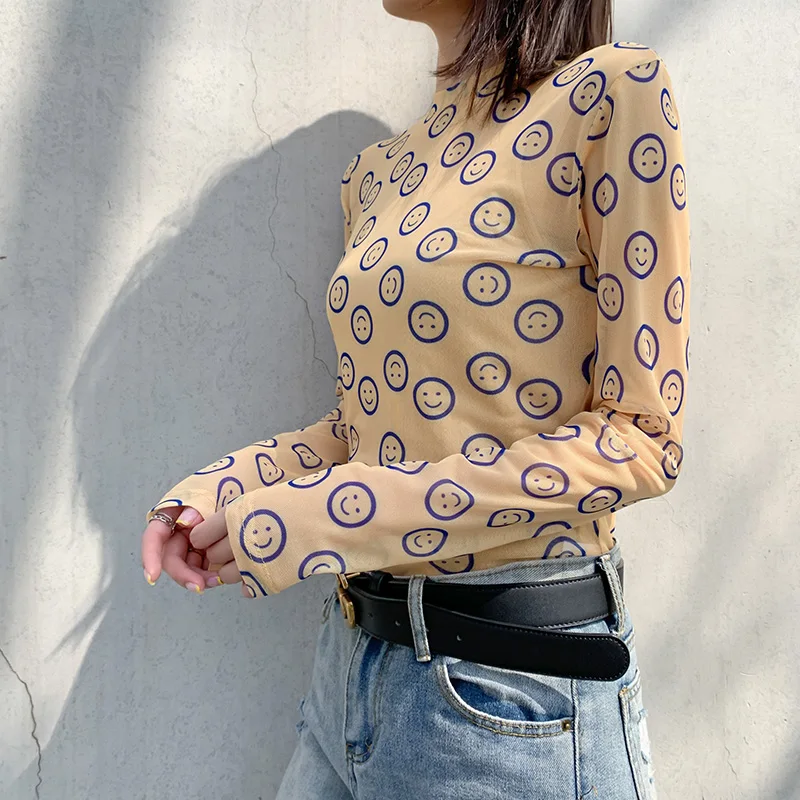 

Early Spring New Summer Slim-Fit Sun Protection Clothing Flower Print Mesh Versatile Slim Elegant Thin Inner Bottoming Shirt