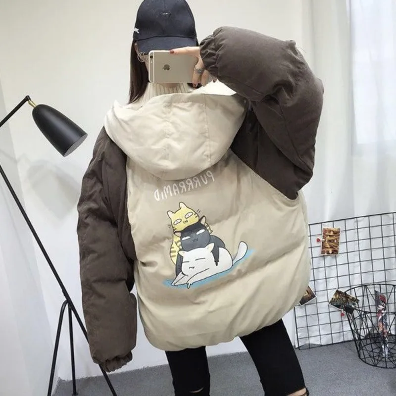 Winter Cotton Jacket Women 2021 New Korean Ins Bread Clothes Kawaii Anime Cat Print Hooded Loose Thickened Casual Short Parker